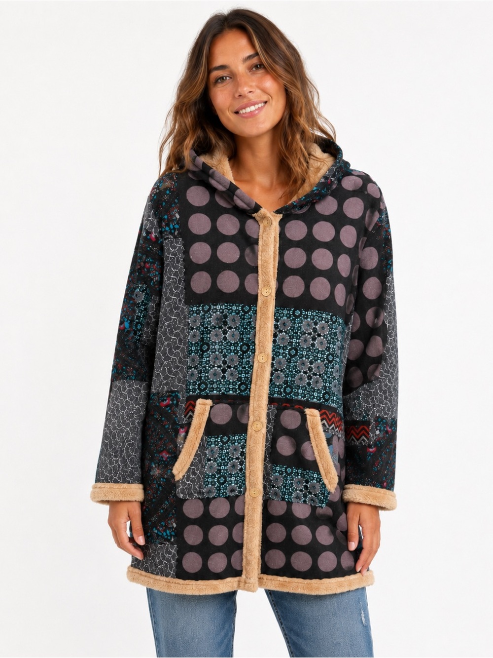 Face Patchwork Hooded Sherpa Lined Coat Hemp Cotton Boho Size L Bohemian Artsy